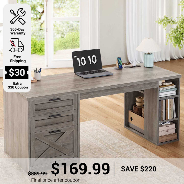 SEDETA 55.1 Inch Farmhouse Office Desk with 3 Drawers Computer Desk with Storage Shelves Executive Desk with Power Outlet