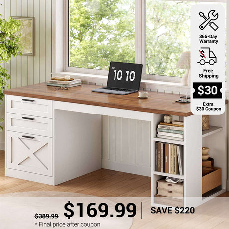 SEDETA 55.1 Inch Farmhouse Office Desk with 3 Drawers Computer Desk with Storage Shelves Executive Desk with Power Outlet