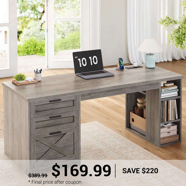 SEDETA 55.1 Inch Farmhouse Office Desk with 3 Drawers Computer Desk with Storage Shelves Executive Desk with Power Outlet