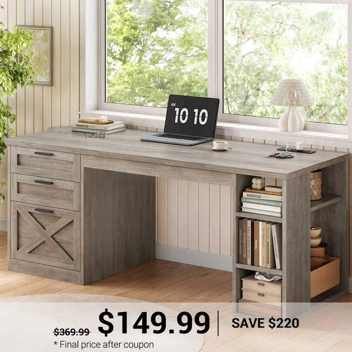 SEDETA | 55.1 Inch Computer Desk with File Drawer and Storage Shelves Farmhouse Office Desk Executive Desk with Power Outlet