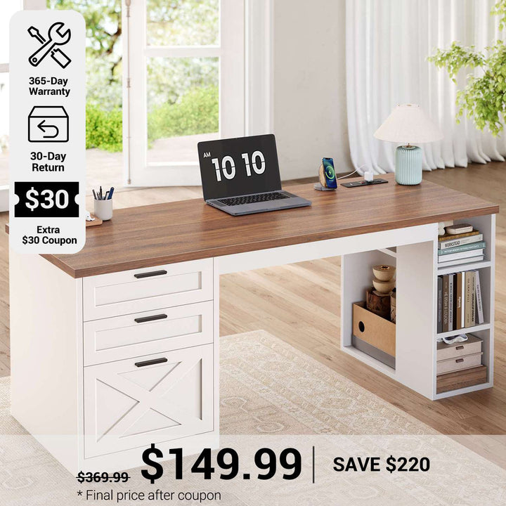 SEDETA® 55.1 Inch Executive Desk Farmhouse Computer Desk with Power Outlet 3 Drawers Storage Shelves for Home Office