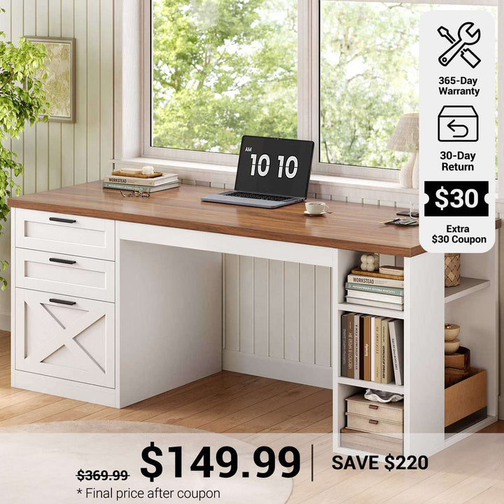 SEDETA® 55.1 Inch Executive Desk Farmhouse Computer Desk with Power Outlet 3 Drawers Storage Shelves for Home Office