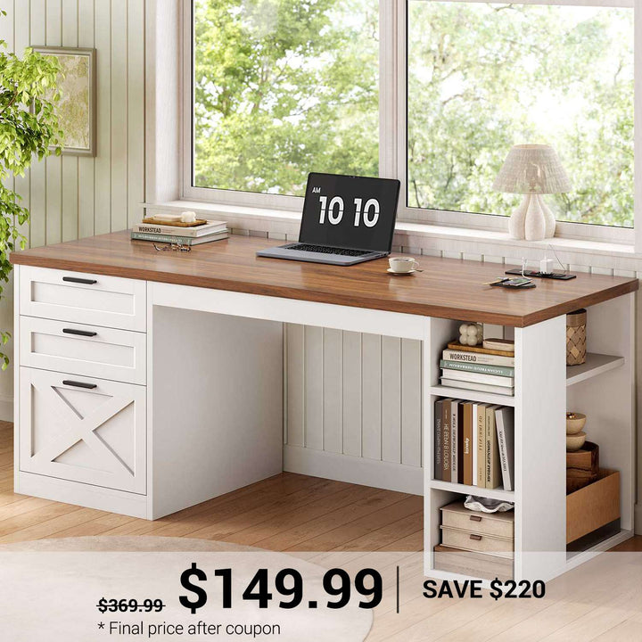 SEDETA | 55.1 Inch Computer Desk with File Drawer and Storage Shelves Farmhouse Office Desk Executive Desk with Power Outlet