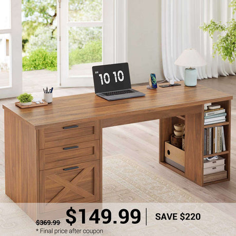 SEDETA | 55.1 Inch Computer Desk with File Drawer and Storage Shelves Farmhouse Office Desk Executive Desk with Power Outlet