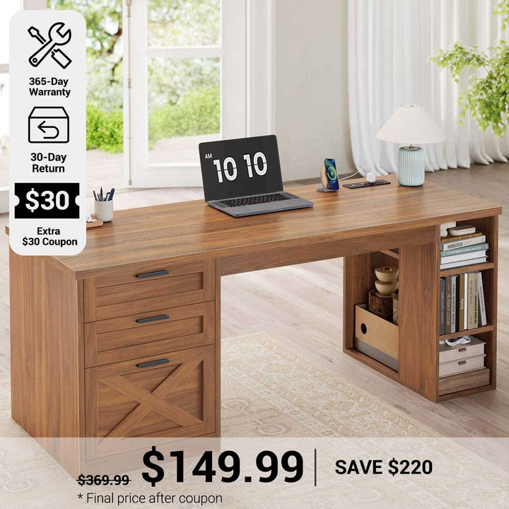 SEDETA® 55.1 Inch Executive Desk Farmhouse Computer Desk with Power Outlet 3 Drawers Storage Shelves for Home Office