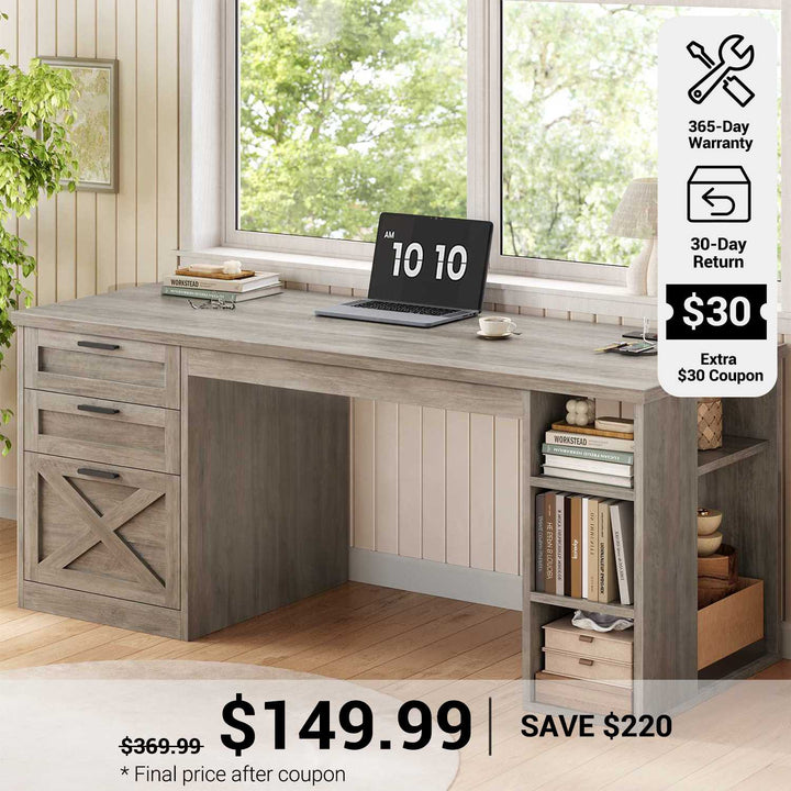 SEDETA® 55.1 Inch Executive Desk Farmhouse Computer Desk with Power Outlet 3 Drawers Storage Shelves for Home Office