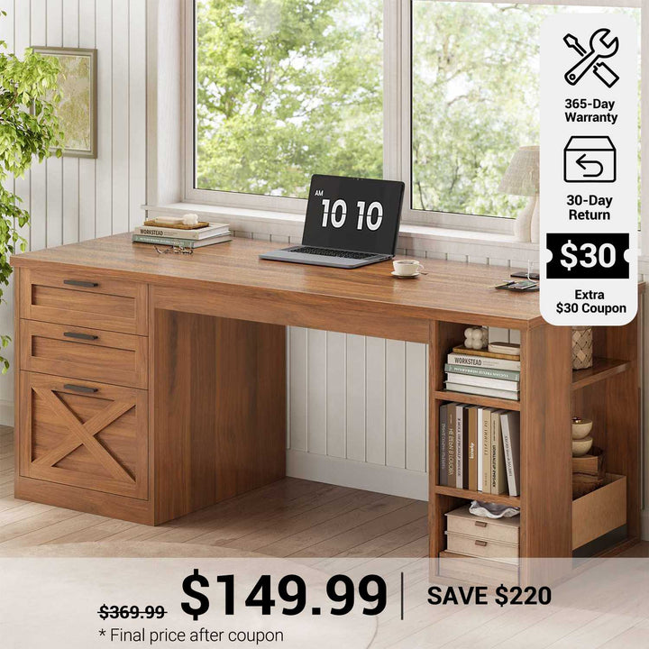 SEDETA® 55.1 Inch Executive Desk Farmhouse Computer Desk with Power Outlet 3 Drawers Storage Shelves for Home Office