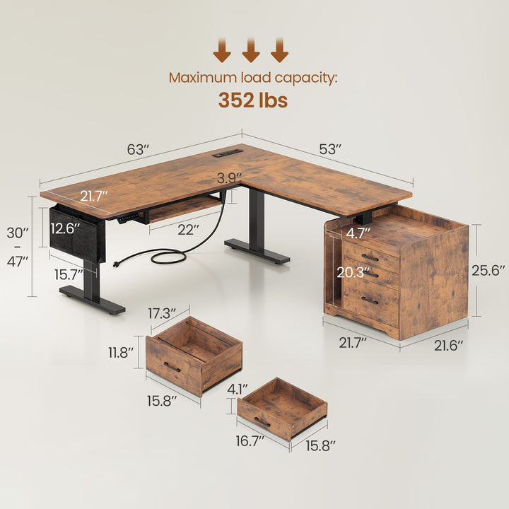 SEDETA 63 Inch Height Adjustable L Shaped Electric Standing Desk Computer Gaming Desk with Led Lights 3 Drawers Power Outlet