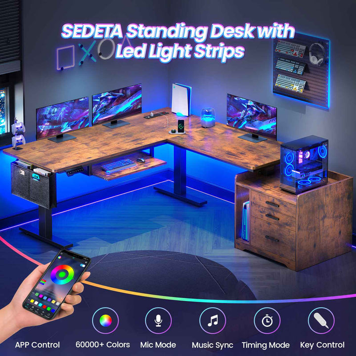 SEDETA 63 Inch Height Adjustable L Shaped Electric Standing Desk Computer Gaming Desk with Led Lights 3 Drawers Power Outlet