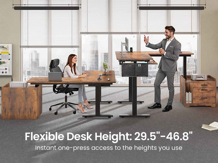 SEDETA 63 Inch Height Adjustable L Shaped Electric Standing Desk Computer Gaming Desk with Led Lights 3 Drawers Power Outlet