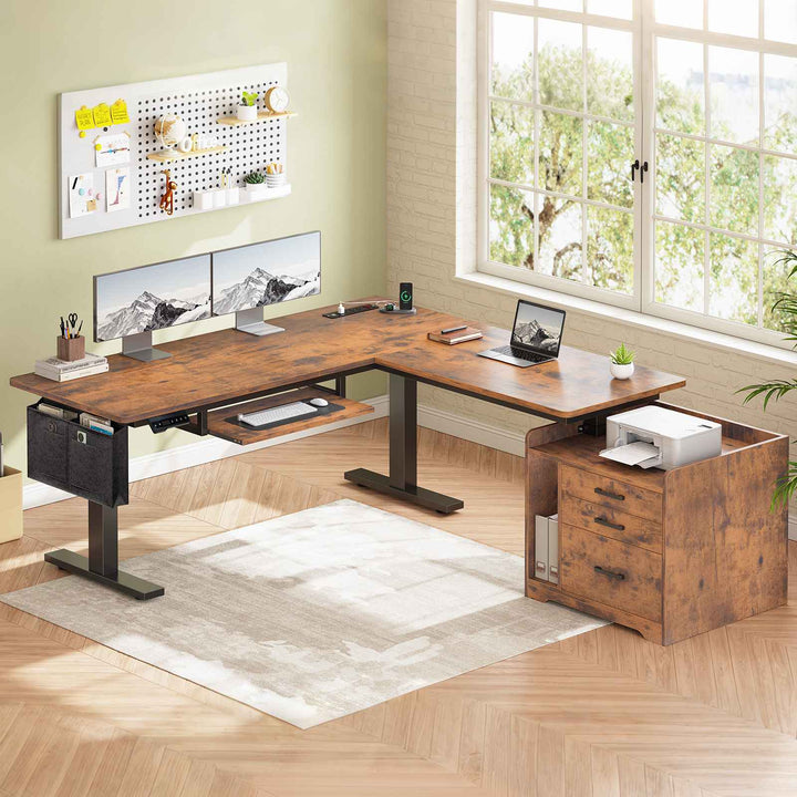 SEDETA 63 Inch Height Adjustable L Shaped Electric Standing Desk Computer Gaming Desk with Led Lights 3 Drawers Power Outlet
