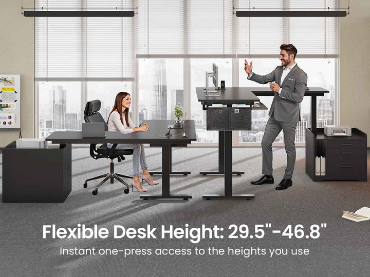 SEDETA 63 Inch Height Adjustable L Shaped Electric Standing Desk Computer Gaming Desk with Led Lights 3 Drawers Power Outlet