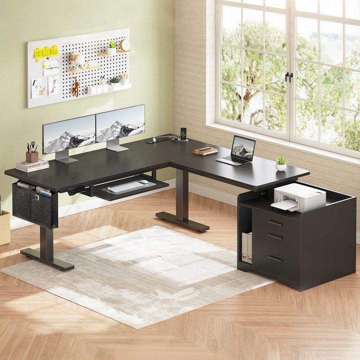SEDETA 63 Inch Height Adjustable L Shaped Electric Standing Desk Computer Gaming Desk with Led Lights 3 Drawers Power Outlet