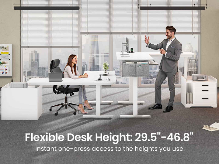 SEDETA 63 Inch Height Adjustable L Shaped Electric Standing Desk Computer Gaming Desk with Led Lights 3 Drawers Power Outlet