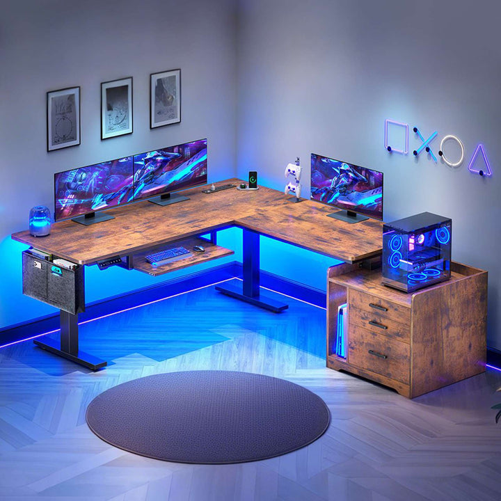 SEDETA 63 Inch Height Adjustable L Shaped Electric Standing Desk Computer Gaming Desk with Led Lights 3 Drawers Power Outlet