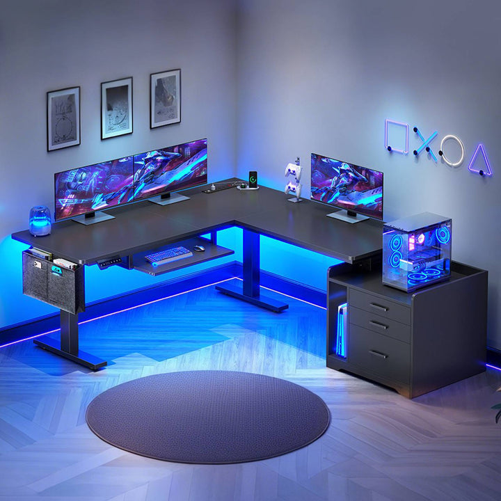 SEDETA 63 Inch Height Adjustable L Shaped Electric Standing Desk Computer Gaming Desk with Led Lights 3 Drawers Power Outlet