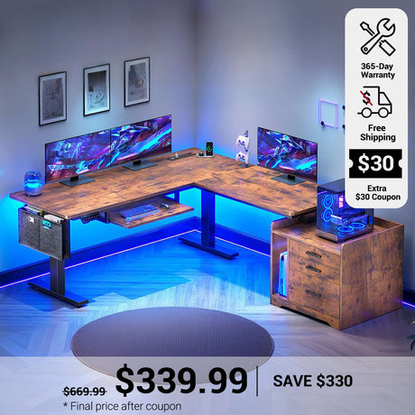 SEDETA 63 Inch Height Adjustable L Shaped Electric Standing Desk Computer Gaming Desk with Led Lights 3 Drawers Power Outlet