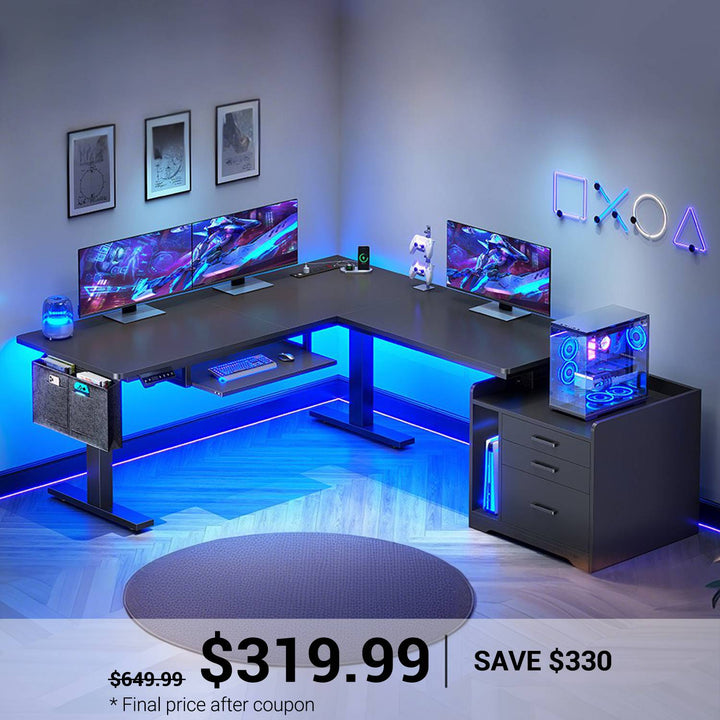 SEDETA® 63 Inch L Shaped Electric Standing Desk Height Adjustable Computer Gaming Desk with Led Lights Power Outlet 3 Drawers File Cabinet