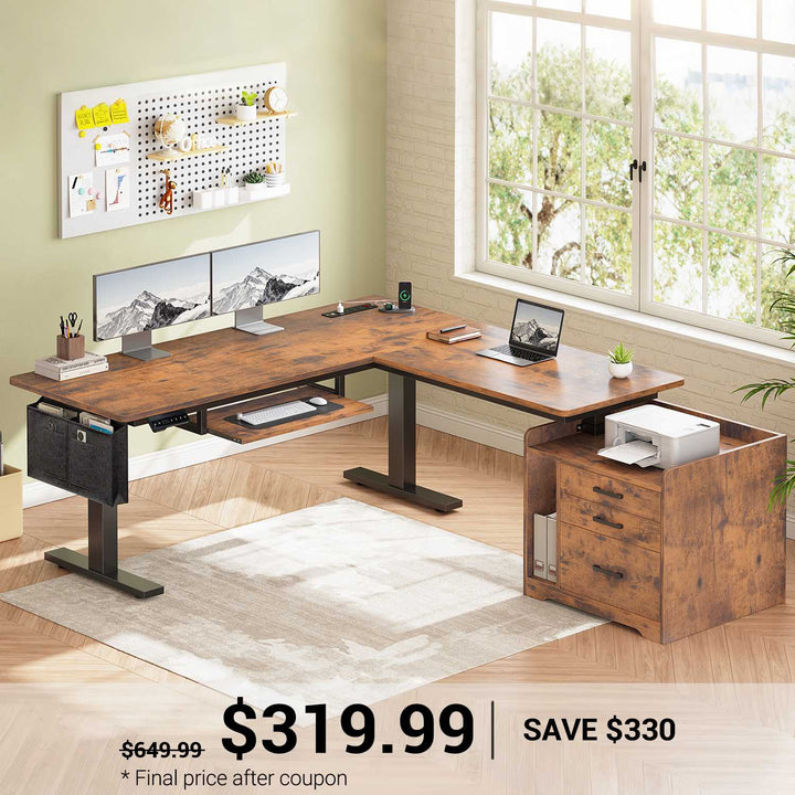 SEDETA® 63 Inch L Shaped Electric Standing Desk Height Adjustable Computer Gaming Desk with Led Lights Power Outlet 3 Drawers File Cabinet