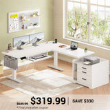SEDETA | 63 Inch L Shaped Height Adjustable Electric Standing Desk LED Gaming Computer Desk with Power Outlet 3 Drawers File Cabinet