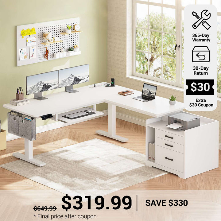 SEDETA® 63 Inch L Shaped Electric Standing Desk Height Adjustable Computer Gaming Desk with Led Lights Power Outlet 3 Drawers File Cabinet