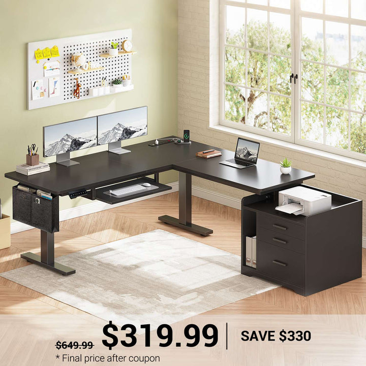 SEDETA® 63 Inch L Shaped Electric Standing Desk Height Adjustable Computer Gaming Desk with Led Lights Power Outlet 3 Drawers File Cabinet