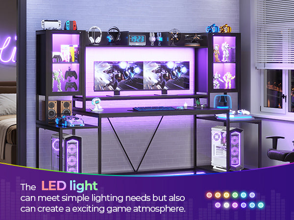 SEDETA 74.8 Inch Gaming Desk with LED Lights Hutch and Storage Shelves