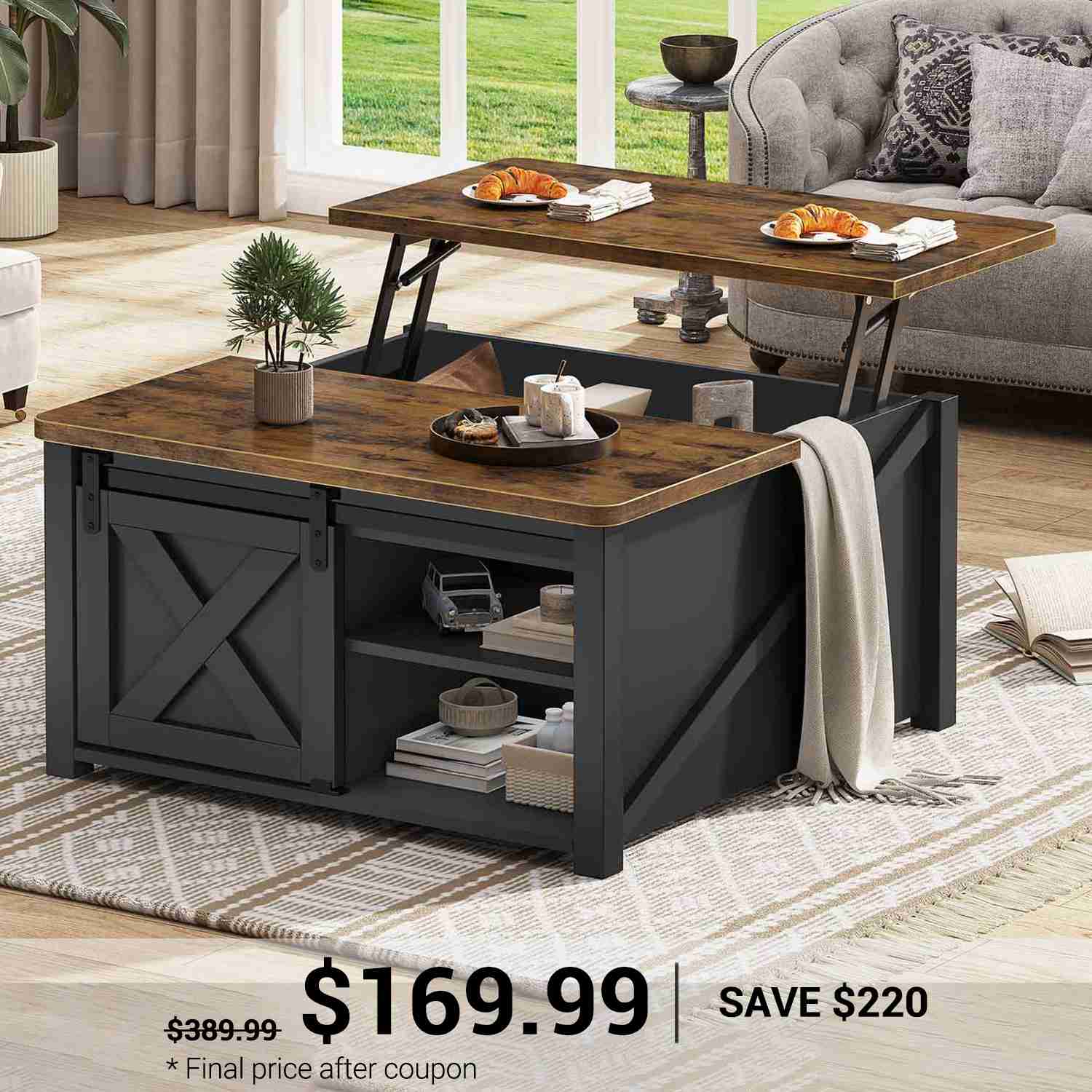 SEDETA | 31.5 Inch Lift Top Square Coffee Table Farmhouse with Storage