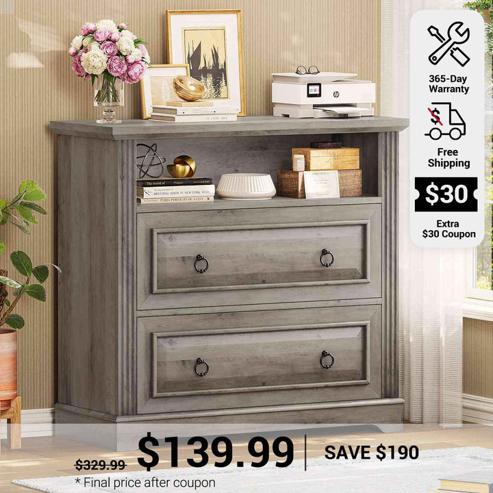 SEDETA 33.8 Inch 2 Drawer File Cabinet Farmhouse Wood File Cabinets Wood Lateral File Cabinet with Printer Stand Storage Shelf