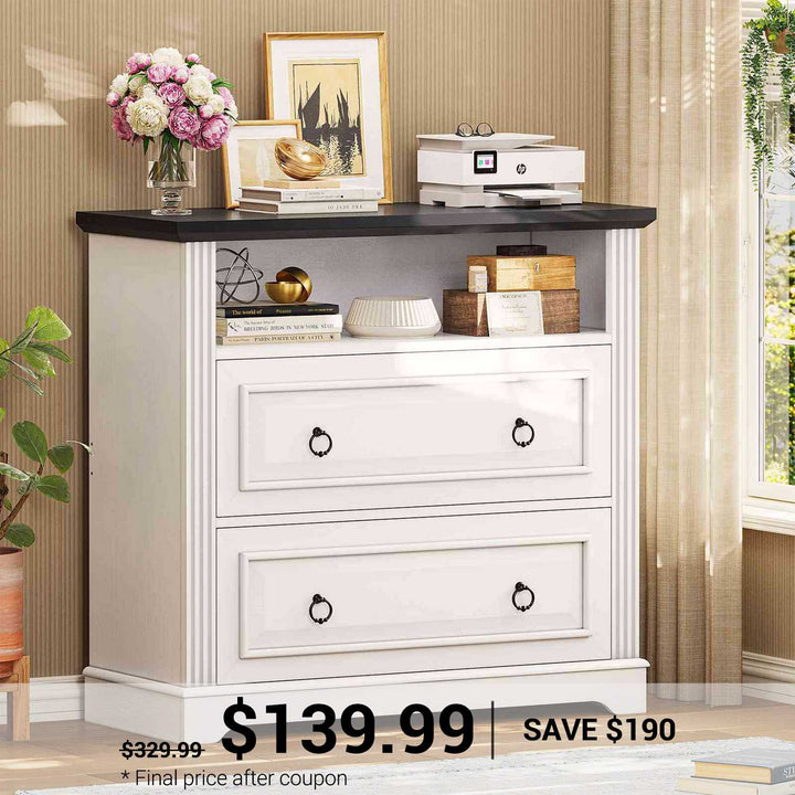 SEDETA 33.8 Inch 2 Drawer File Cabinet Farmhouse Wood File Cabinets Wood Lateral File Cabinet with Printer Stand Storage Shelf