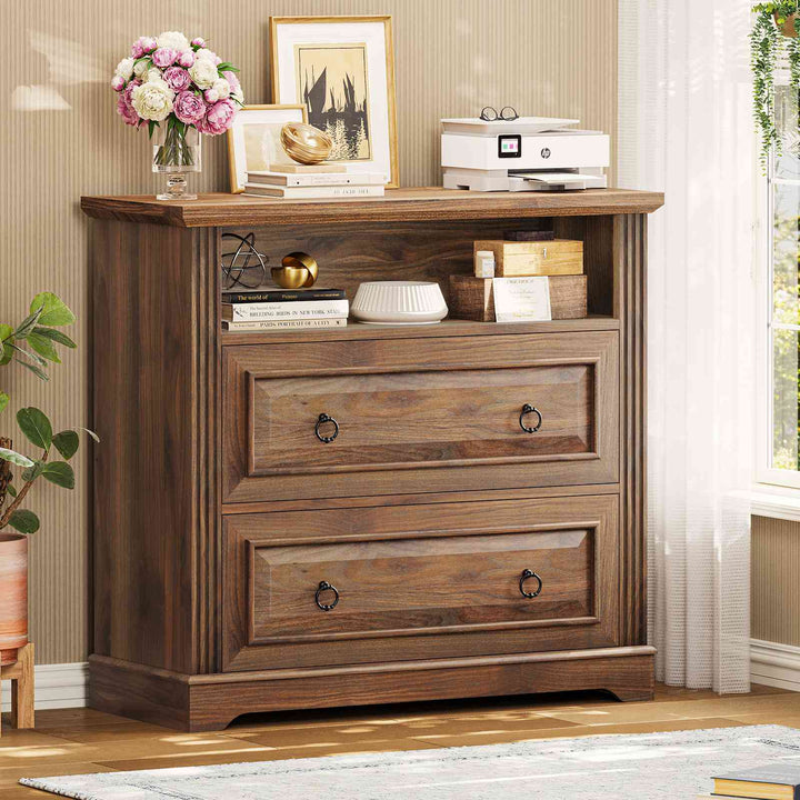 SEDETA 33.8 Inch 2 Drawer File Cabinet Farmhouse Wood File Cabinets Wood Lateral File Cabinet with Printer Stand Storage Shelf