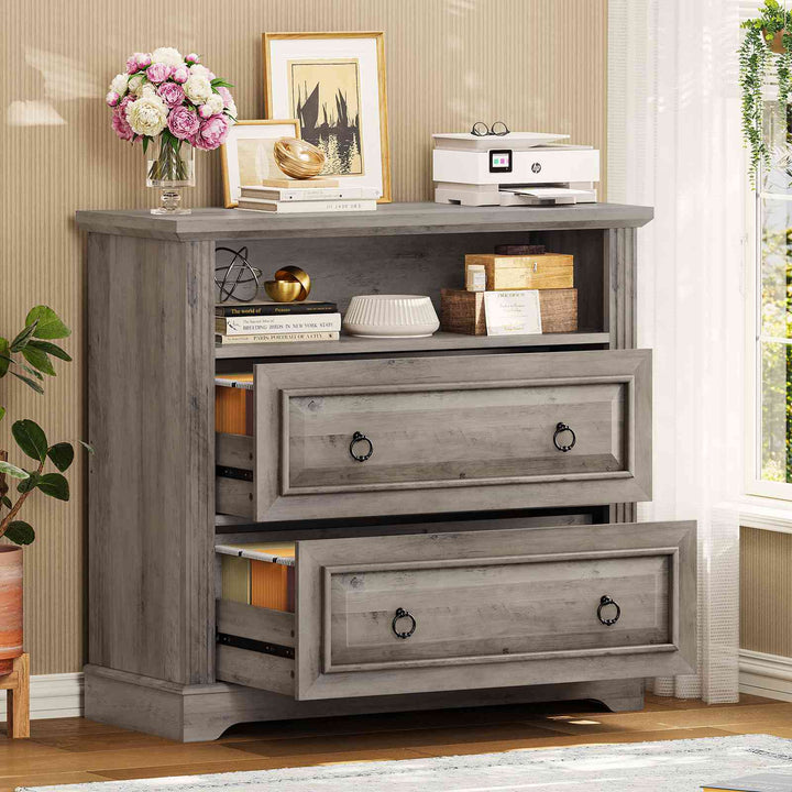 SEDETA 33.8 Inch 2 Drawer File Cabinet Farmhouse Wood File Cabinets Wood Lateral File Cabinet with Printer Stand Storage Shelf