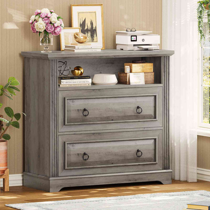 SEDETA 33.8 Inch 2 Drawer File Cabinet Farmhouse Wood File Cabinets Wood Lateral File Cabinet with Printer Stand Storage Shelf