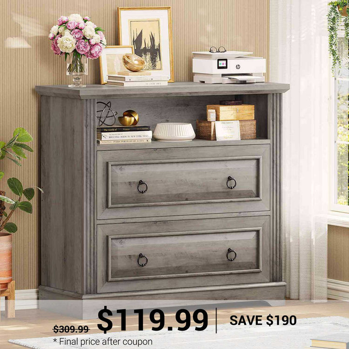 SEDETA | 33.8 Inch 2 Drawer File Cabinet Classical American with Printer Stand Storage Shelf Filing Cabinet Fits Letter Legal A4 Size