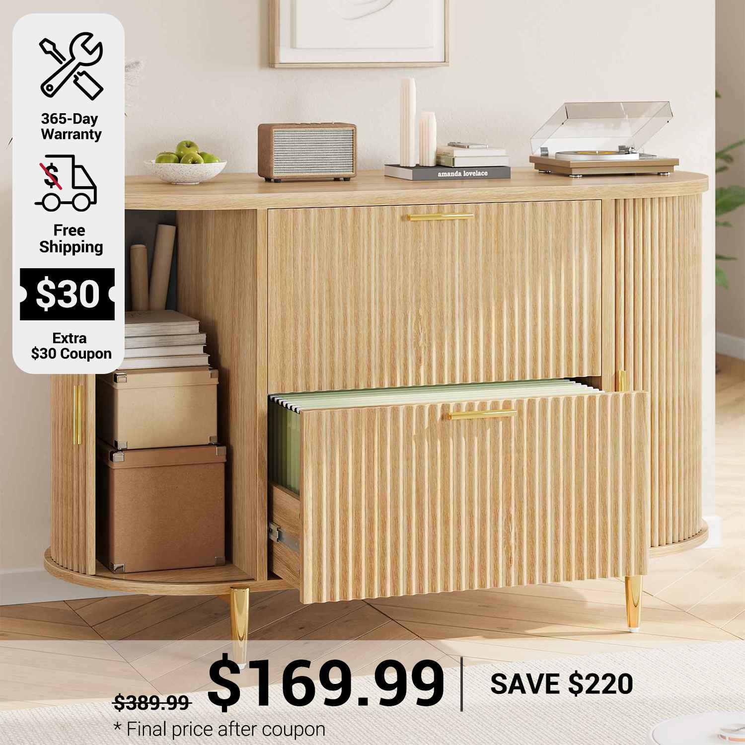 SEDETA 39.4 Inch File Cabinet for Home Office Modern Fluted Curved Cab