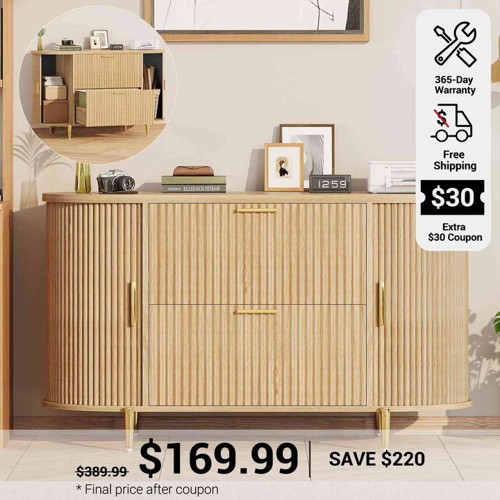 SEDETA 39.4 Inch File Cabinet for Home Office Modern Fluted Curved Cabinet with 2 Sliding Door Storage