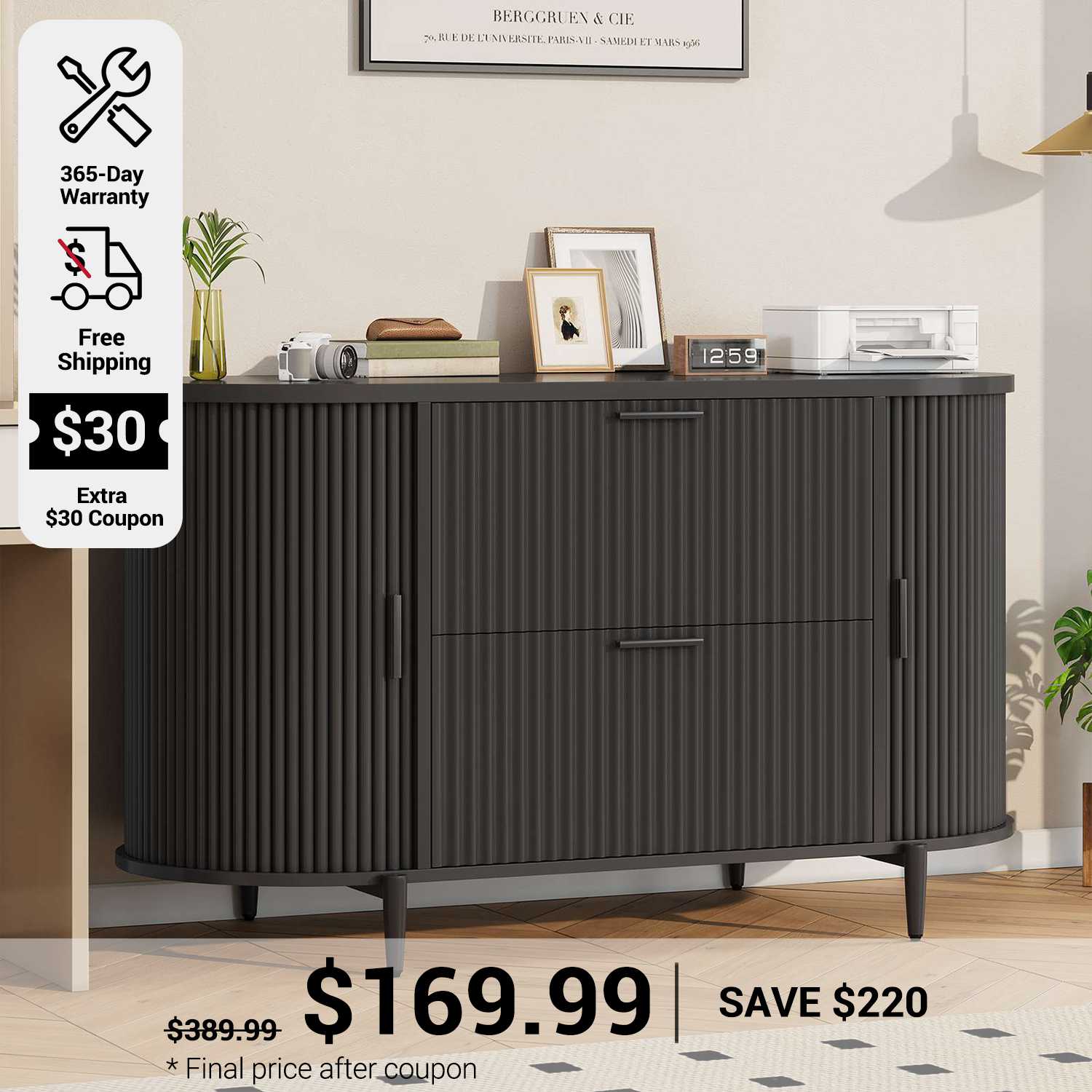 SEDETA 39.4 Inch File Cabinet for Home Office Modern Fluted Curved Cab