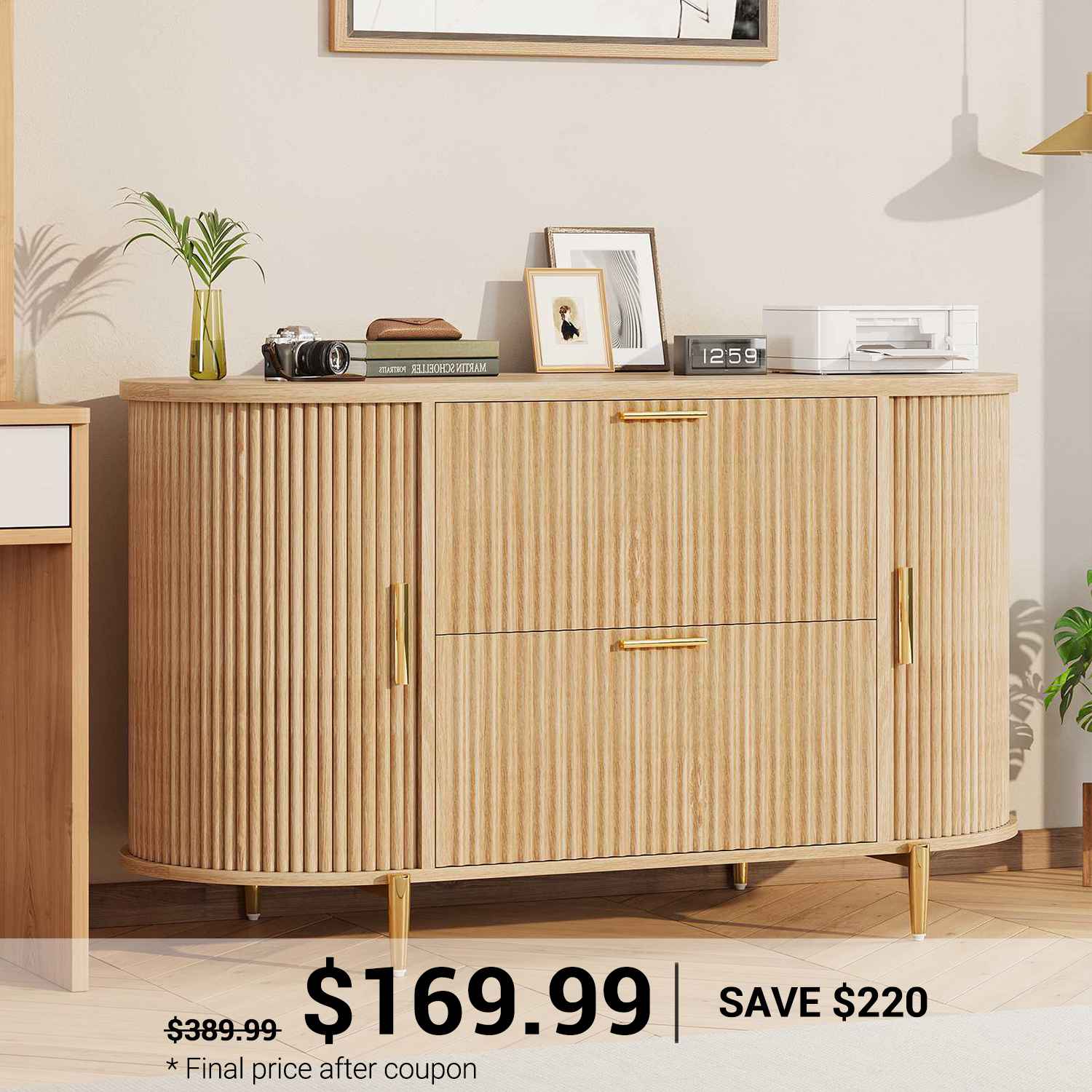 SEDETA 39.4 Inch File Cabinet for Home Office Modern Fluted Curved Cab