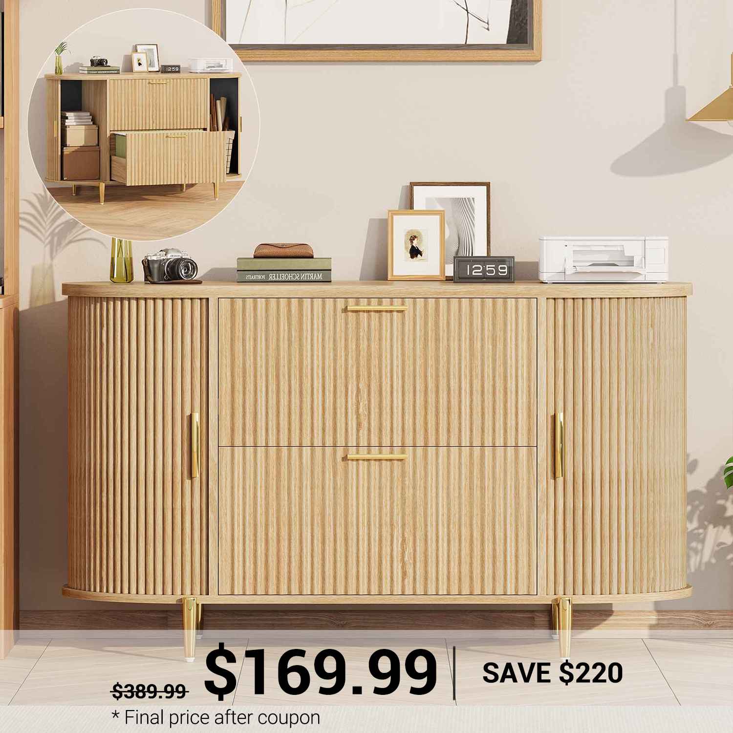 SEDETA 39.4 Inch File Cabinet for Home Office Modern Fluted Curved Cab