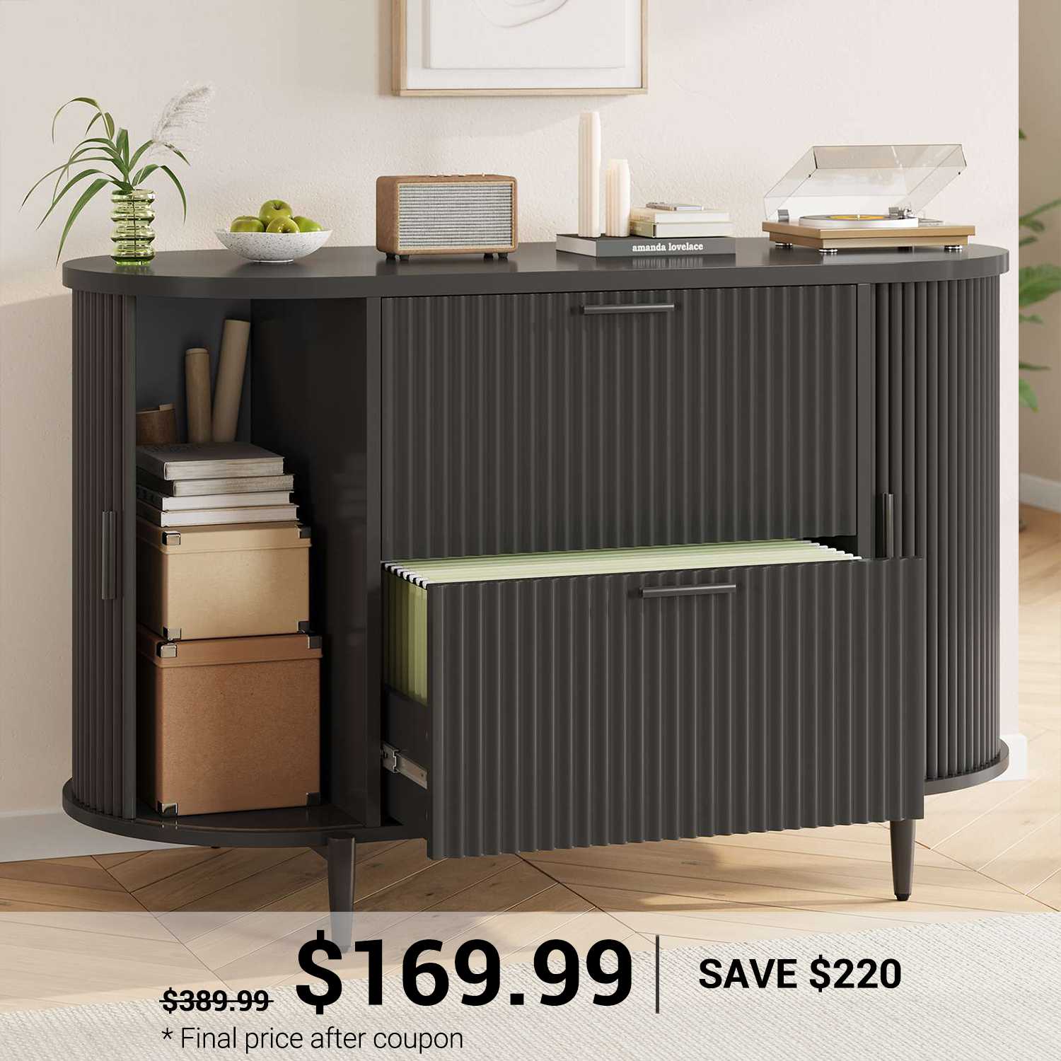 SEDETA 39.4 Inch File Cabinet for Home Office Modern Fluted Curved Cab