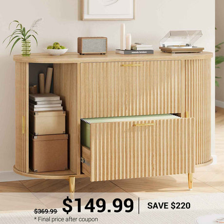 SEDETA® 39.4 Inch Home Office File Cabinet Curved Sliding Cabinet Modern Light Luxury Design Fluted Filing Cabinets and 2 Drawers