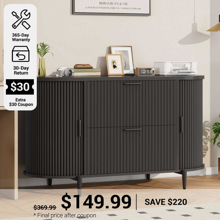 SEDETA® 39.4 Inch Home Office File Cabinet Curved Sliding Cabinet Modern Light Luxury Design Fluted Filing Cabinets and 2 Drawers