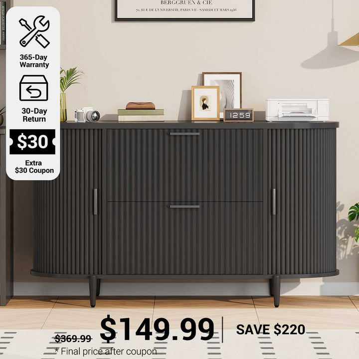 SEDETA® 39.4 Inch Home Office File Cabinet Curved Sliding Cabinet Modern Light Luxury Design Fluted Filing Cabinets and 2 Drawers