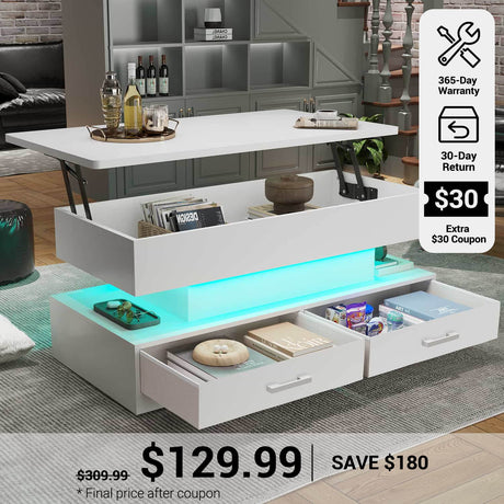 SEDETA® 40 Inch Lift Top Coffee Table with Storage Drawers and LED Light for Living Room