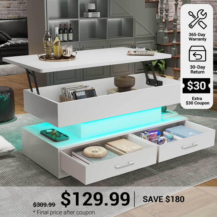 SEDETA® 40 Inch Lift Top Coffee Table with Storage Drawers and LED Light for Living Room