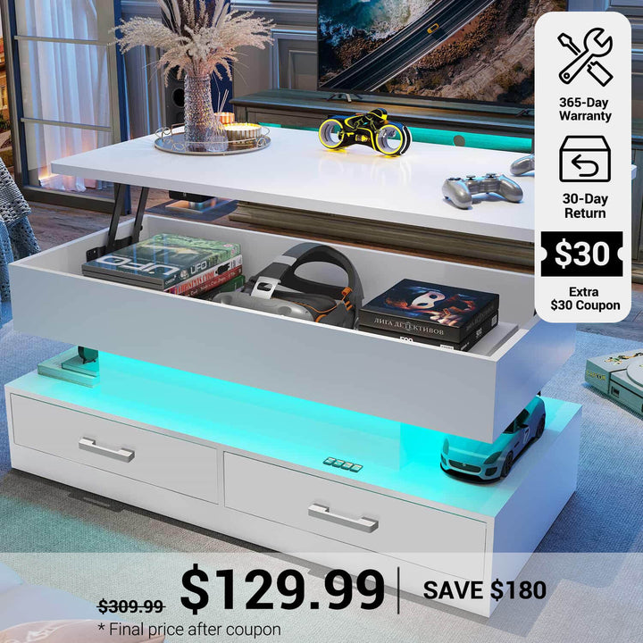 SEDETA® 40 Inch Lift Top Coffee Table with Storage Drawers and LED Light for Living Room