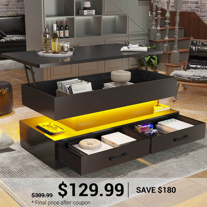 SEDETA® 40 Inch Lift Top Coffee Table with Storage Drawers and LED Light for Living Room