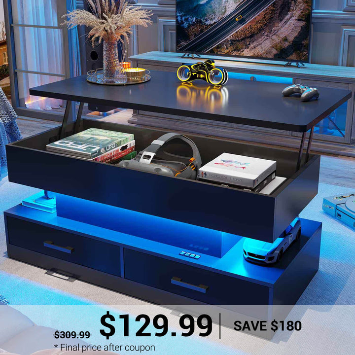 SEDETA® 40 Inch Lift Top Coffee Table with Storage Drawers and LED Light for Living Room