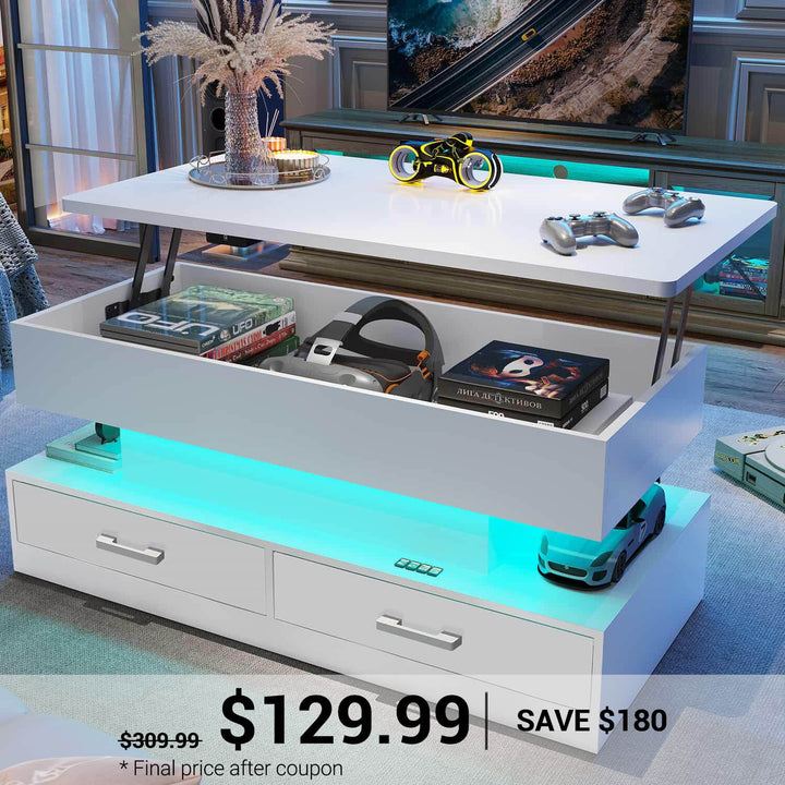 SEDETA® 40 Inch Lift Top Coffee Table with Storage Drawers and LED Light for Living Room