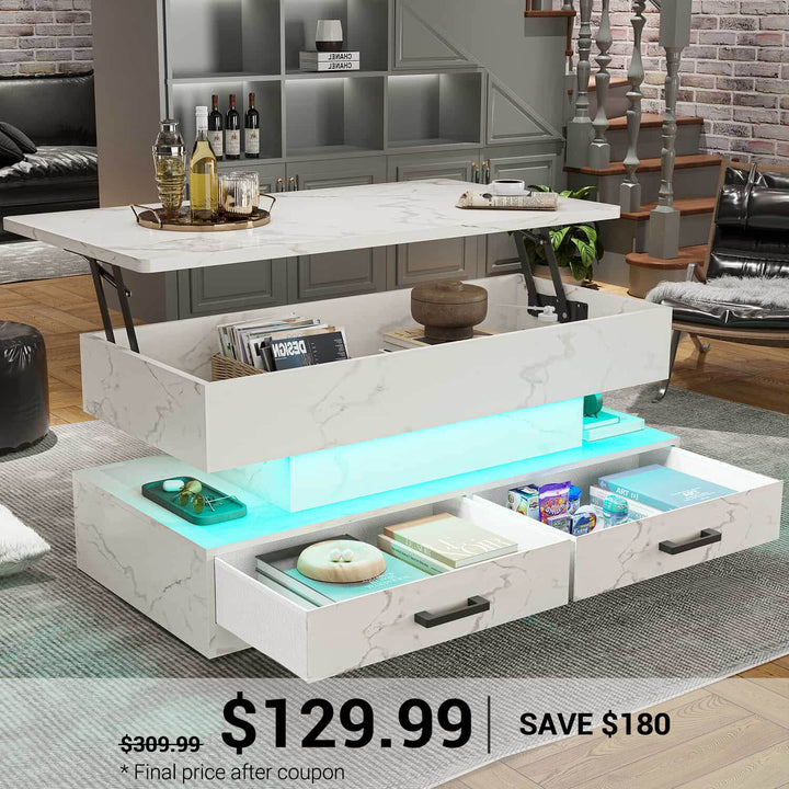 SEDETA® 40 Inch Lift Top Coffee Table with Storage Drawers and LED Light for Living Room